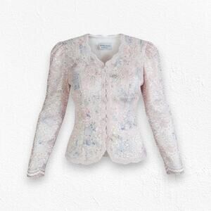 80s Vintage Pastel Pink Floral Lace Embellished Romantic Blazer Jacket Size 8